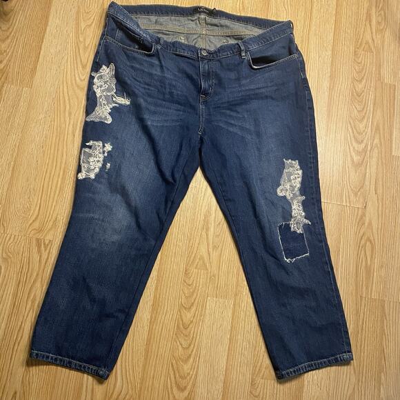 Ralph Lauren Black Label Lace Applique Patchwork Jeans Relaxed Tapered Size 18W - Picture 1 of 6